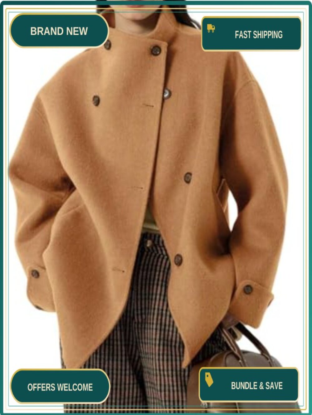 Wool Blend Trench Coat Loose Fit Button Down Business Casual